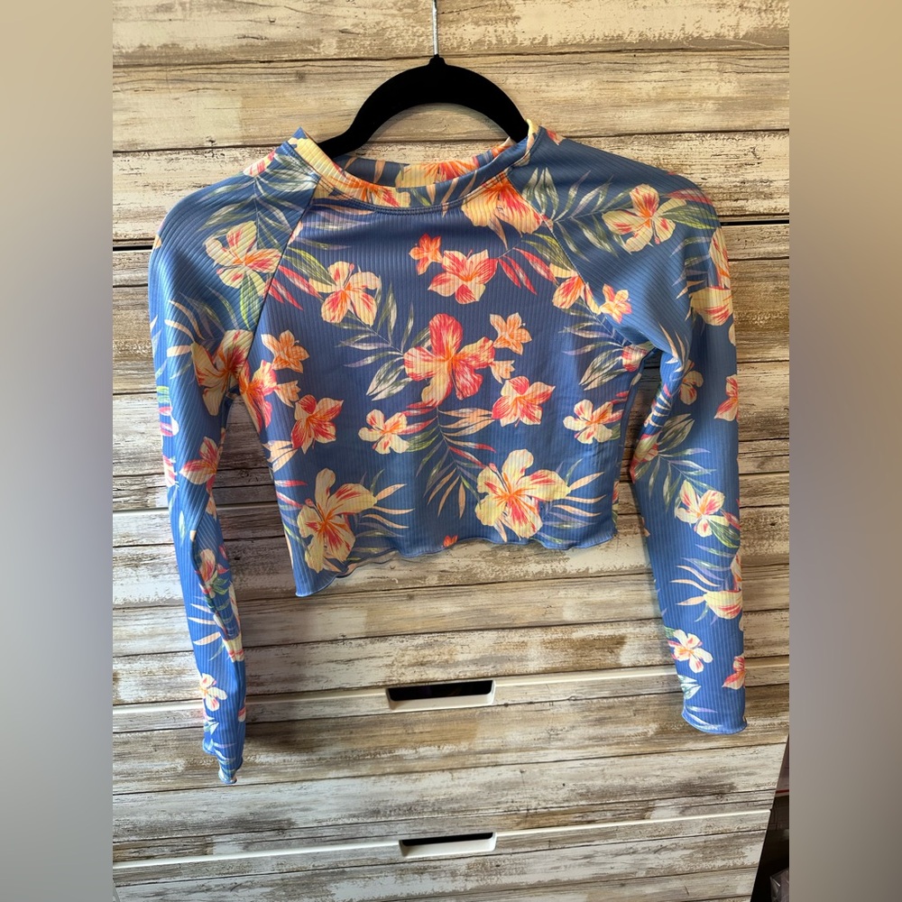 🌺 Wonder Nation Blue Floral Cropped Rash Guard Top Size 10-12